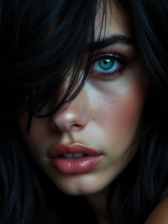 Macro portrait of a striking woman with black hair draped over one eye and turquoise blue eyes. Camera close-up focuses on an intimate moment with chiaroscuro lighting against a dark background.