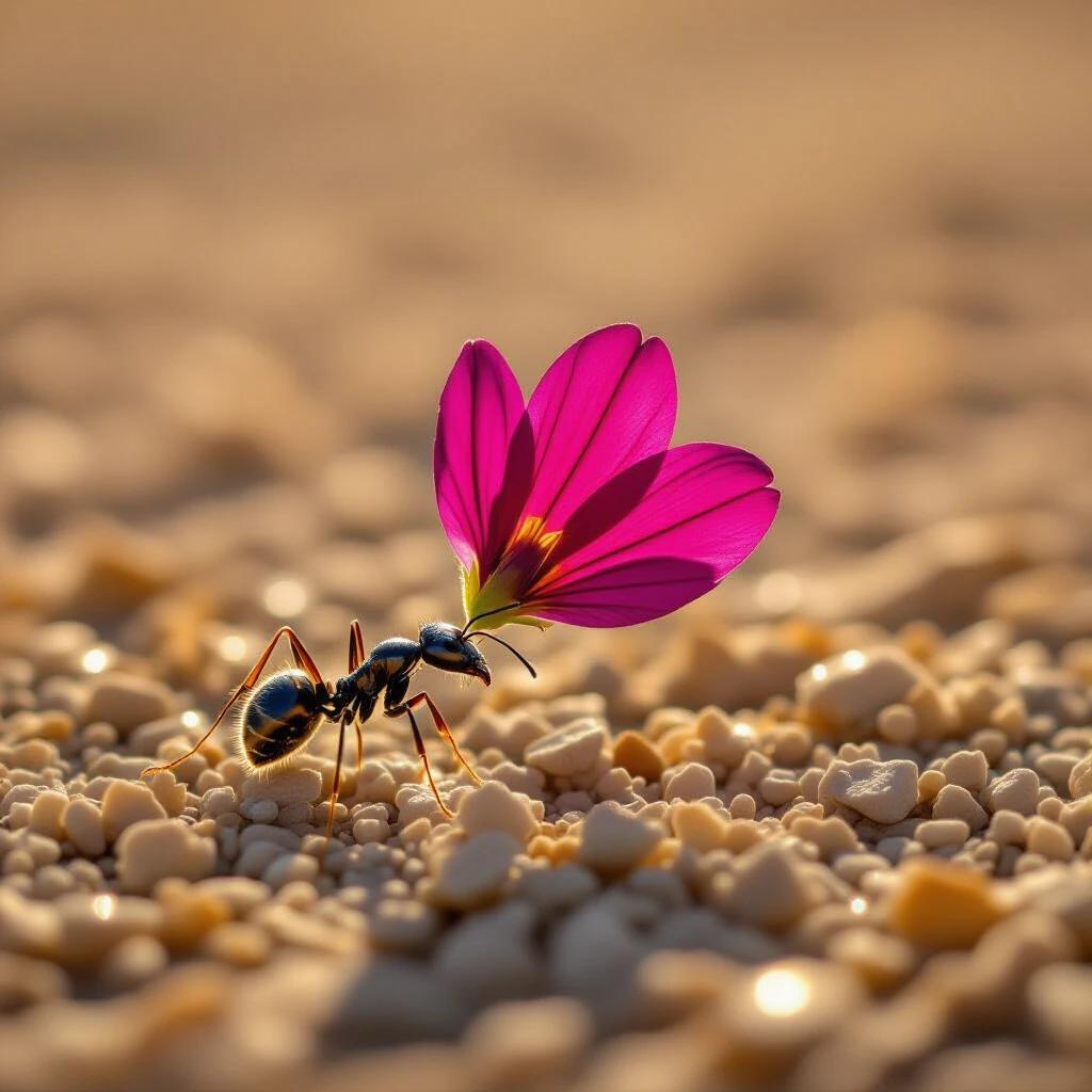 Dramatic close-up of a single ant carrying a vibrant magenta flower petal across a dry field of fine pebbles. Ant's shadow stretches across the textured terrain under sharp morning light. Dust clings to its legs. Petal arches like a sail. Background is a blur of warm earth tones. Moment feels cinematic and heroic.
