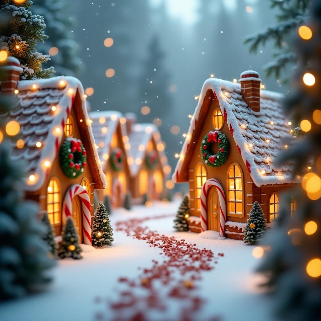 Charming Christmas village scene with gingerbread houses decorated with wreaths and lights. Snow falls gently creating a magical atmosphere. Evokes warmth and festive cheer for the holiday season.