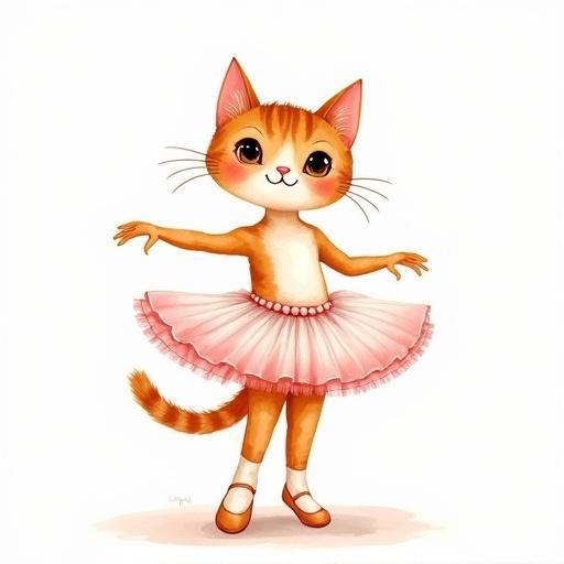 Watercolor painting features an orange and white cat ballerina. Cat wears a white and pink tutu. Pearls trim the tutu. Cat stands with arms outstretched.