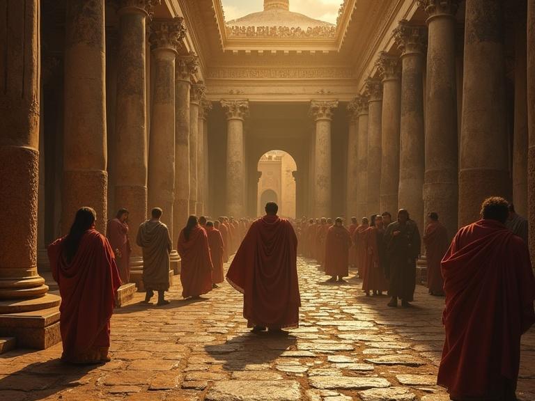 A historical scene depicting figures in red robes walking through a grand ancient Roman architecture. Soft golden lighting filters through large columns.
