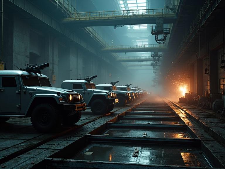 Dark cinematographic atmosphere with a huge factory. Military jeeps lined up in a massive industrial space. Machine arms welding, sparks falling. Features metal walkways, cranes, and complex wiring. Steam and molten metal visible in the surroundings.