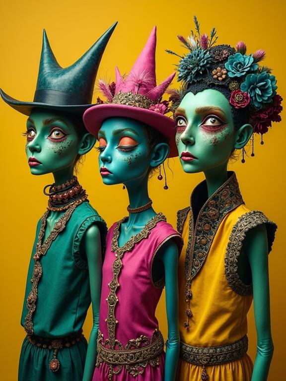 Surreal portrait showcasing three figures in colorful outfits. They wear vivid shades of green, magenta, yellow, and blue. Their costumes feature intricate details. Background is a striking yellow ocher. The scene is hyperdetailed and whimsical.