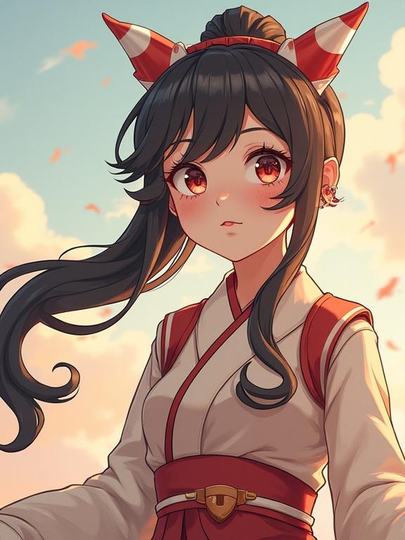 Character portrait of a girl with fox ears in traditional clothing. The background shows a sunset sky with clouds and petals. The girl has long black hair and expressive eyes.