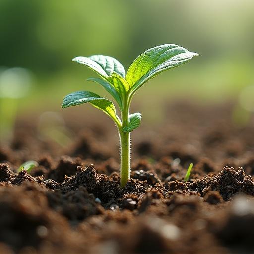 A close-up of a young green plant sprouting from dark fertile soil. The scene is illuminated by soft natural light in the background creating a bright and vivid appearance.