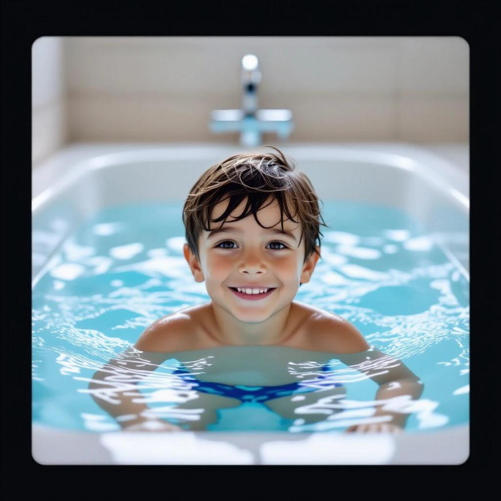 A young boy enjoying a bath in a spacious bathtub filled with light blue water. Surrounded by a clean and serene bathroom setting. Focus on the joy and relaxation during bath time.