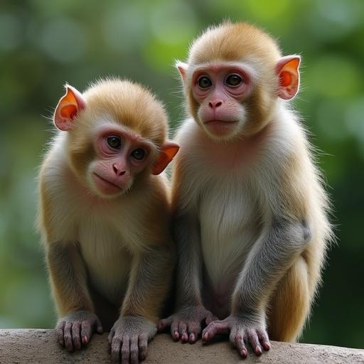 Two young monkeys sitting close together. They have expressive features and are looking at the camera. The background is blurred green foliage.
