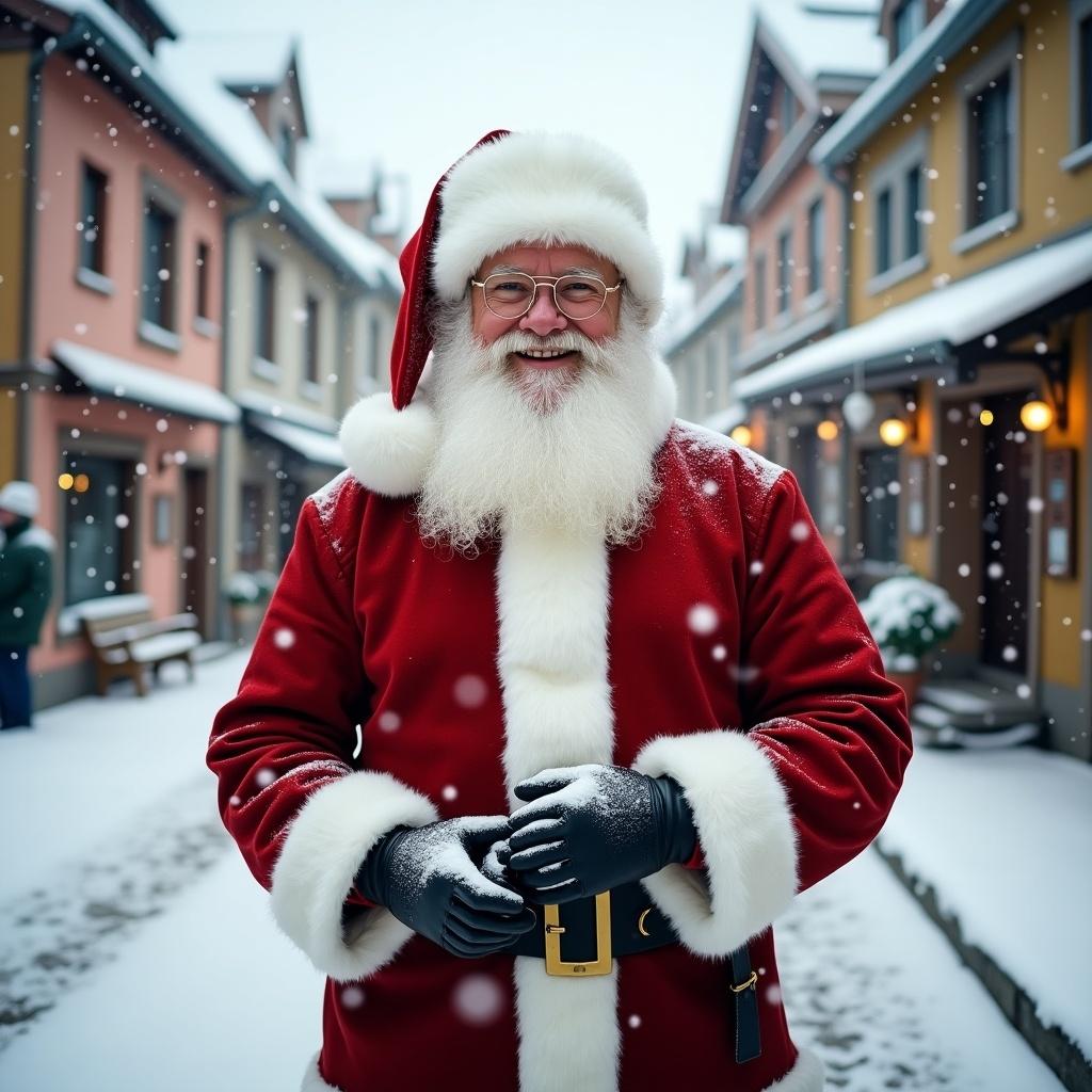 Santa Claus builds a home in snow. Wearing red and white clothing. The street is filled with snow and charming buildings. Soft winter light creates a cheerful holiday atmosphere.