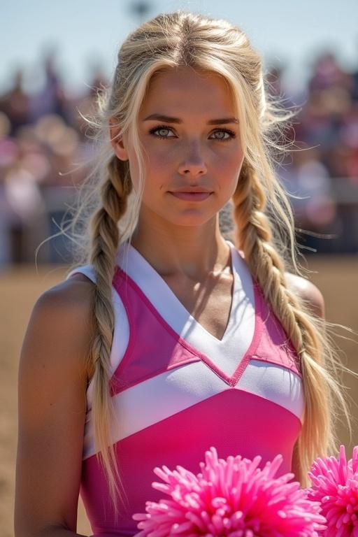 Cheerleader with long blonde hair in two side ponytails. She has blue eyes. Dressed in pink and white uniform. Holding pom poms. Cheering at rodeo.
