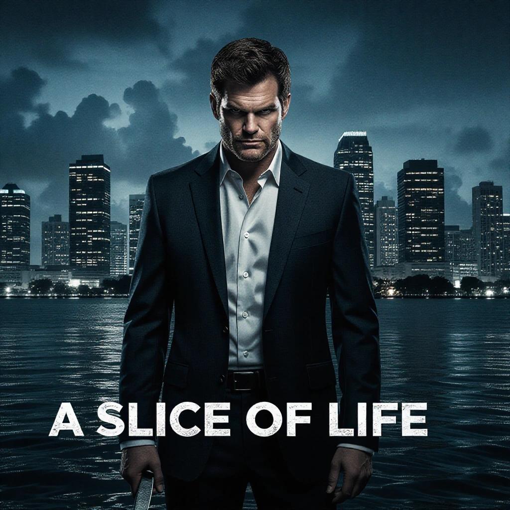 Very dark Miami cityscape with a silhouette resembling a character holding a knife. Text displayed is A Slice Of Life.