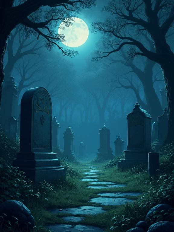 Wallpaper style image depicting a creepy cemetery with tombstones at night. No vegetation, people, animals, ghosts, or characters. 2D design inspired by Studio Ghibli.