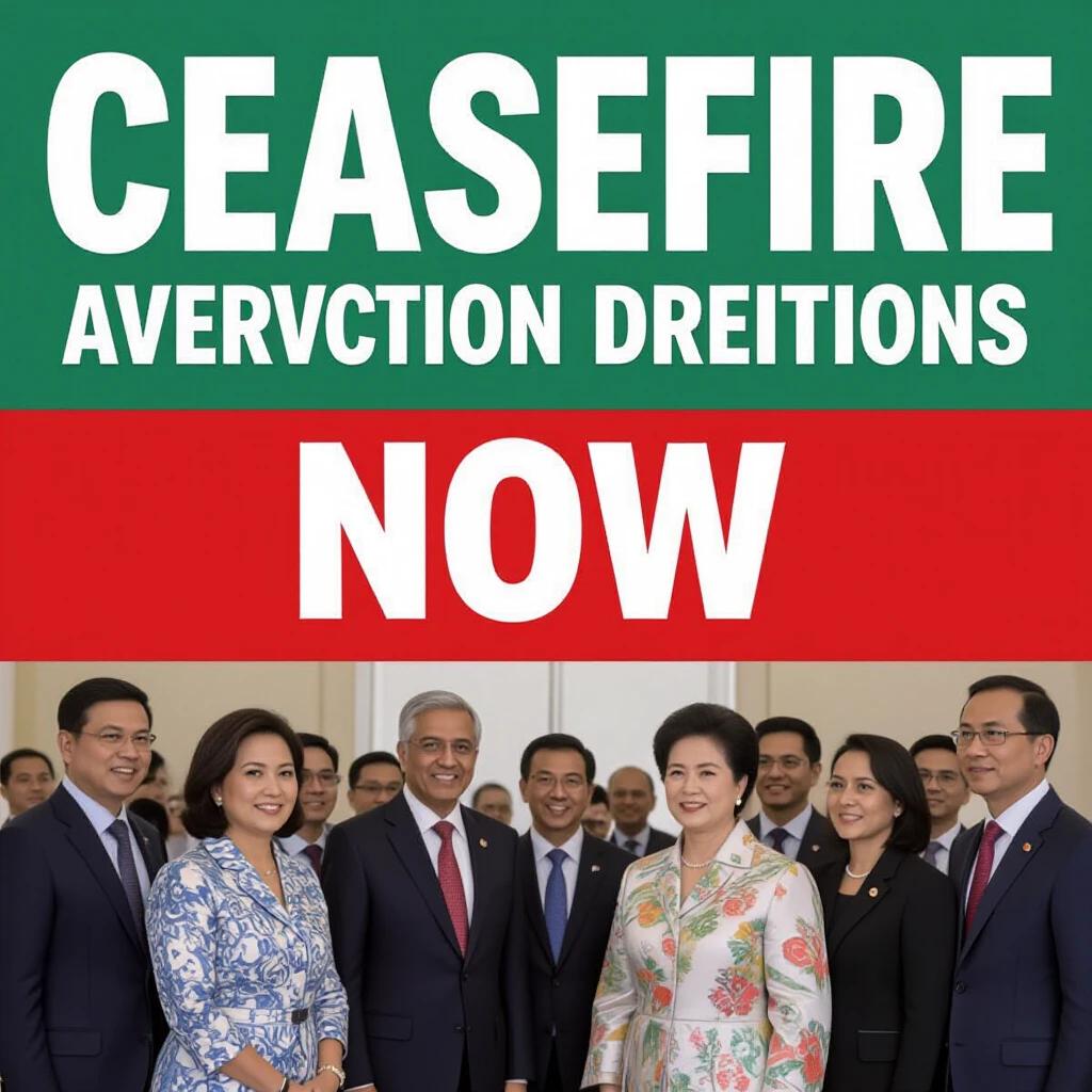 Group of people posing in a formal setting. Bold text on image states ceasefire now. Individuals represent various backgrounds and roles. Setting conveys urgency and importance of message. Colors used create strong visual impact.