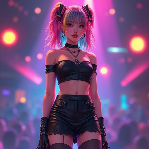 A digital illustration depicts a stylish Chinese female figure. Hair blends colors like pink, blue, and yellow. Outfit includes off-the-shoulder crop top and leather miniskirt. Accessories include choker, arm ornaments, and hoop earrings. Background shows colorful lights, creating a nightclub ambiance. Overall style conveys individuality and vitality.