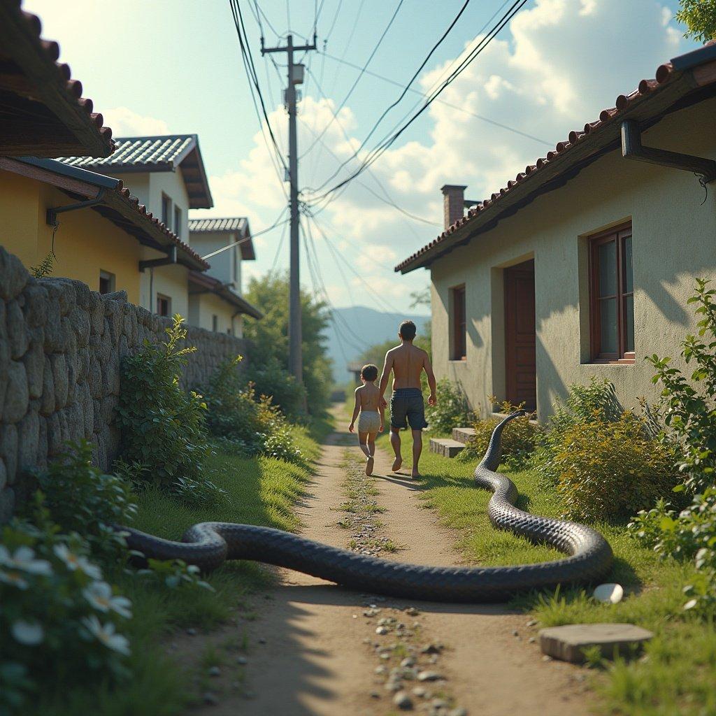 A snake lies on a path in a rural setting. Two children walk towards the snake. Houses are visible on either side of the path. Shadows are cast by the trees and buildings. The scene is bright and inviting.