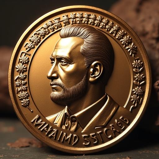 A detailed bronze commemorative coin with a high-relief portrait of a stern man having slicked-back hair and a trimmed beard. The rim has floral arabesques and scrollwork. The name 'Mohamed Hatem El Taweel' is in elegant serif lettering. Warm patina with soft lighting and shallow depth of field.