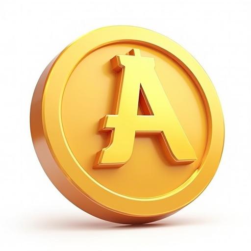 A 3D cartoon style coin featuring a large letter 'A' on a clean white background.