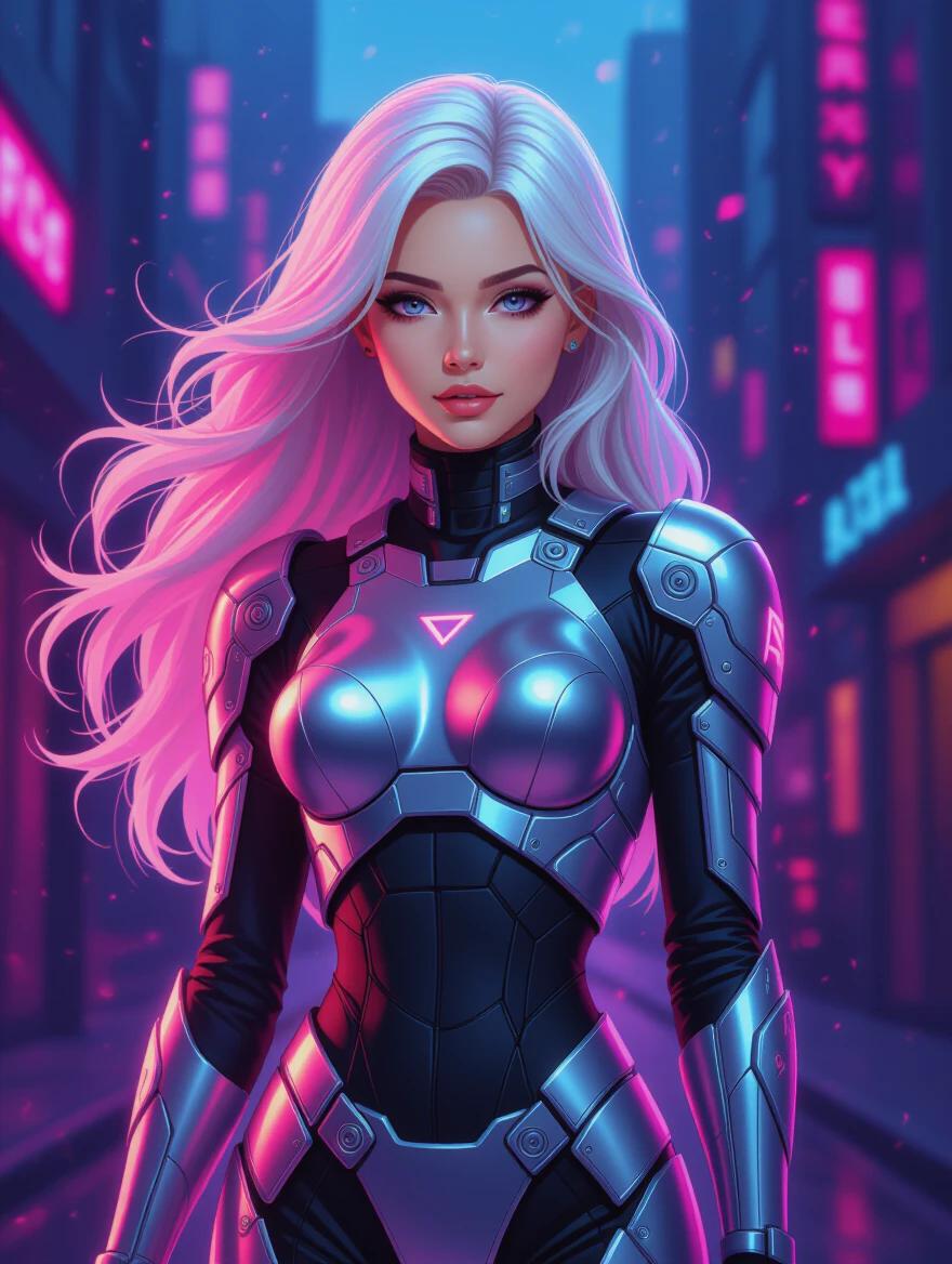 High-resolution image of dynamic character in futuristic setting. Character is A.I. wearing metal suit. Platinum blonde hair flowing behind. Poised and slightly turned. Energetic pose with flowing garments. Vibrant color scheme with pink and silvers. Dramatic backlighting for neon effect. Darker cosmic backdrop. Bright character with sharp focus. Realistic textures in clothing and hair. Visible light source in hands. Overall composition resembles candid snapshot in a sci-fi universe.