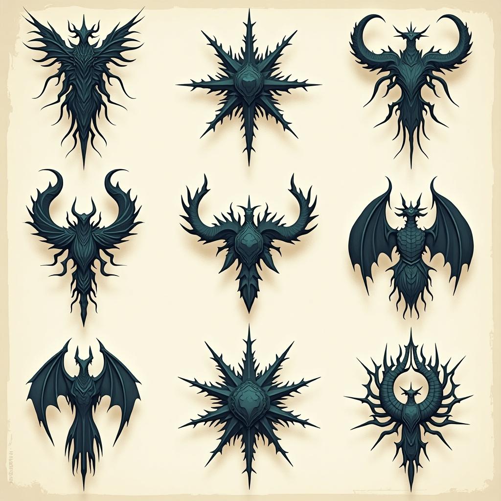 Illustration of a grid of intricate eldritch symbols. Dark fantasy design elements in different forms. Variations include bat-like creatures, celestial stars, and beastly figures. Each symbol has sharp edges and an otherworldly appearance.