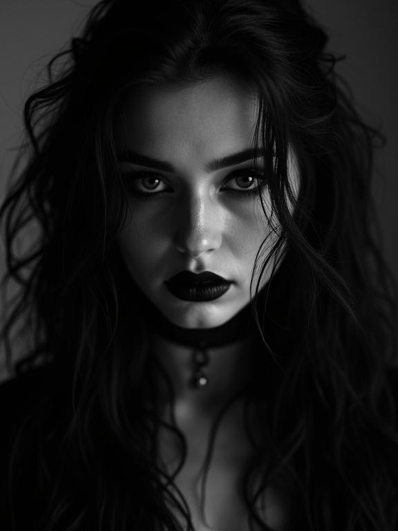 Striking black and white portrait of a gothic woman with dark makeup. Intense shadows and stark contrasts create film noir aesthetics. Emphasizes her dark allure and mysterious nature.