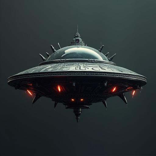 A unique 3D model of a UFO featuring unexpected shapes and futuristic elements. The craft has a dark energy, built from asymmetric forms and sharp edges. Angry, glowing alien eyes are integrated into the design. The color scheme is predominantly black with subtle highlights. The scene feels mysterious and threatening.