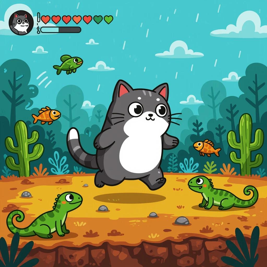 A gray and white slugcat character runs across a vibrant, animated outdoor landscape. Green lizards and colorful fish surround the scene. Bright cartoonish style with playful elements. Slugcat appears cheerful and energetic.
