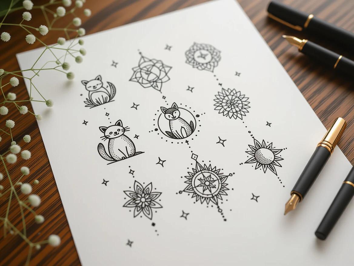 Minimalist fine-line tattoo sheet features modern micro-tattoo designs. Small animals abstract shapes symbols celestial bodies. Inked with ultra-thin strokes on white paper. Airy layout with clinical lighting. Contemporary aesthetic.