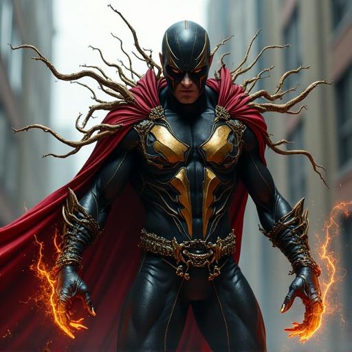 Highly realistic full-body shot of a man in a powerful attack pose. He has a strong athlete's physique. His head and body wrapped in dark, sleek tendrils. Black and gold seamless suit without a cape. Intense eyes visible. Electricity crackles around him. Urban environment.