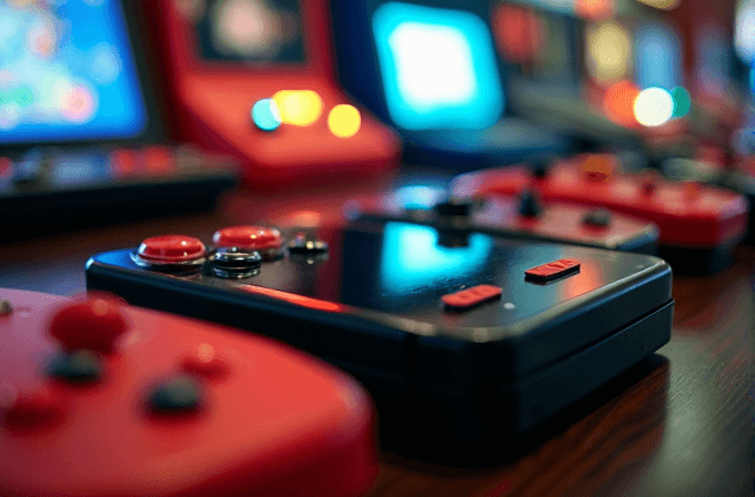 A close-up of classic handheld video game consoles with colorful buttons.