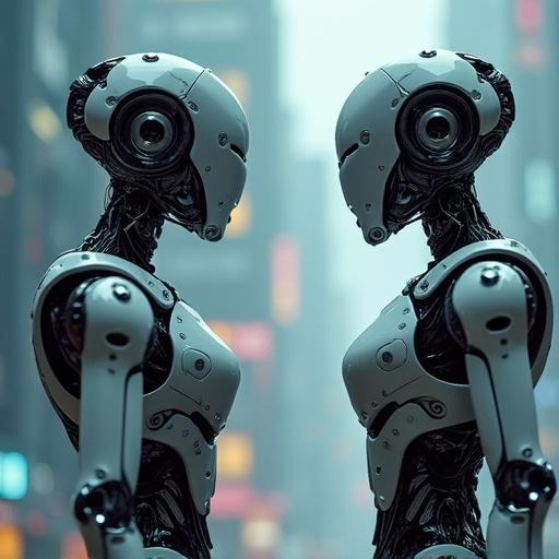 Hyper-realistic image featuring complex robots in an artificial environment. The scene shows individuals interacting alone with intricate robots, emphasizing isolation and advanced technology.