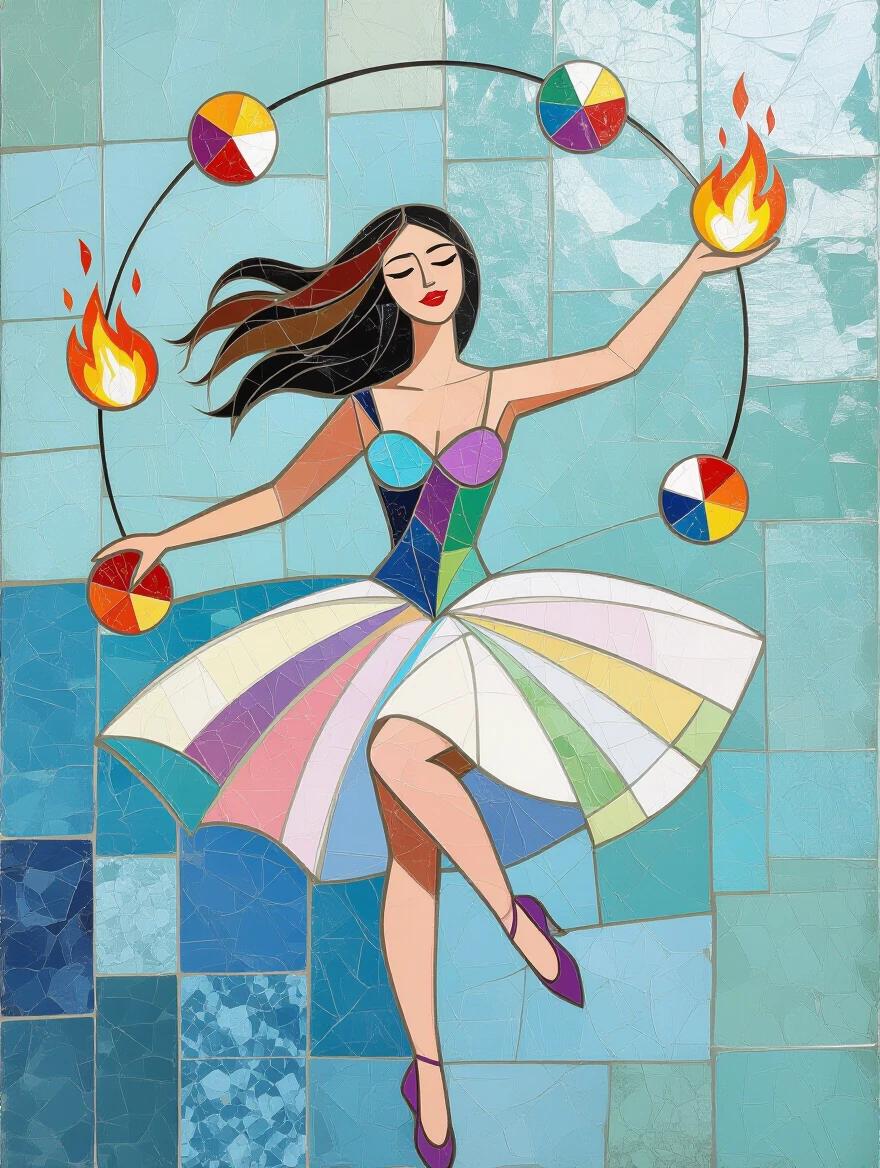 Ethical art piece showcasing an abstract dancer. Bright colored tiles creating an iridescent effect. Woman in vibrant dress juggling flaming pom poms. Matisse-inspired design elements. Perfect for modern art lovers.