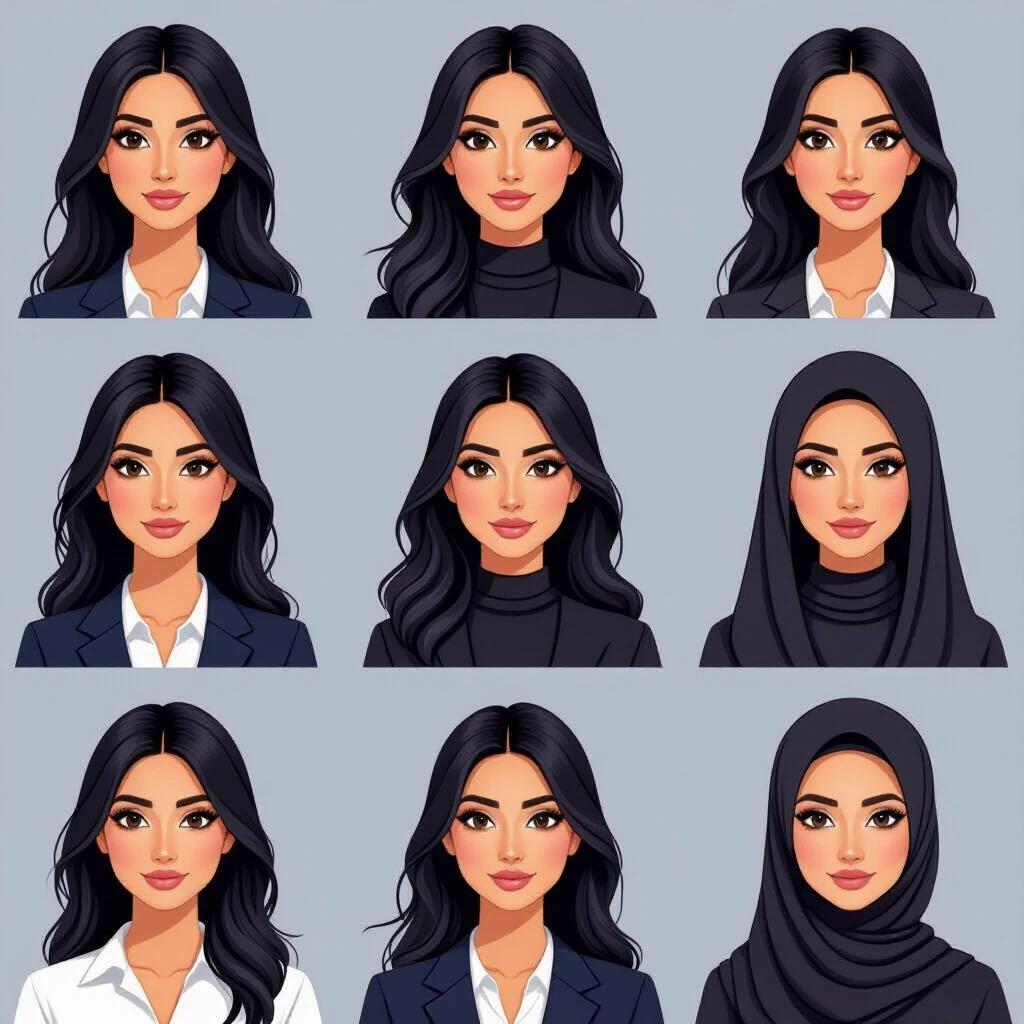 Generate illustrations of diverse female teachers. Represent Scottish-Pakistani and Muslim backgrounds. Features include large dark brown eyes, black hair in various styles, dark skin, and thick eyebrows. Dressed in modern Western attire.