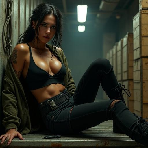 A young woman with a lean yet voluptuous build poses in a tactical outfit. She has dark braids and tattoos on her arms. The woman sits on a steel shelf in a dark cargo hold. Her clothing is tight and reveals some skin. A knife rests on her lap. The setting is gritty and industrial with shelves and dim lights. Her expression is alluring and intense.