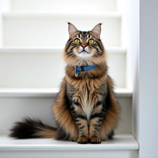 Photo of a long-haired tabby cat sitting on a white staircase. Cat looks up at the camera. Yellow-green eyes and brown and black striped fur. Fluffy tail and wearing a blue collar with a small tag. Bright natural light and soft shadows. Cat is centered, upper body facing forward, lower body slightly turned. Elegant and calm posture with slightly raised head and visible whiskers. Light and shadow play on the stairs. Minimalistic and clean composition. High quality and sharp focus.