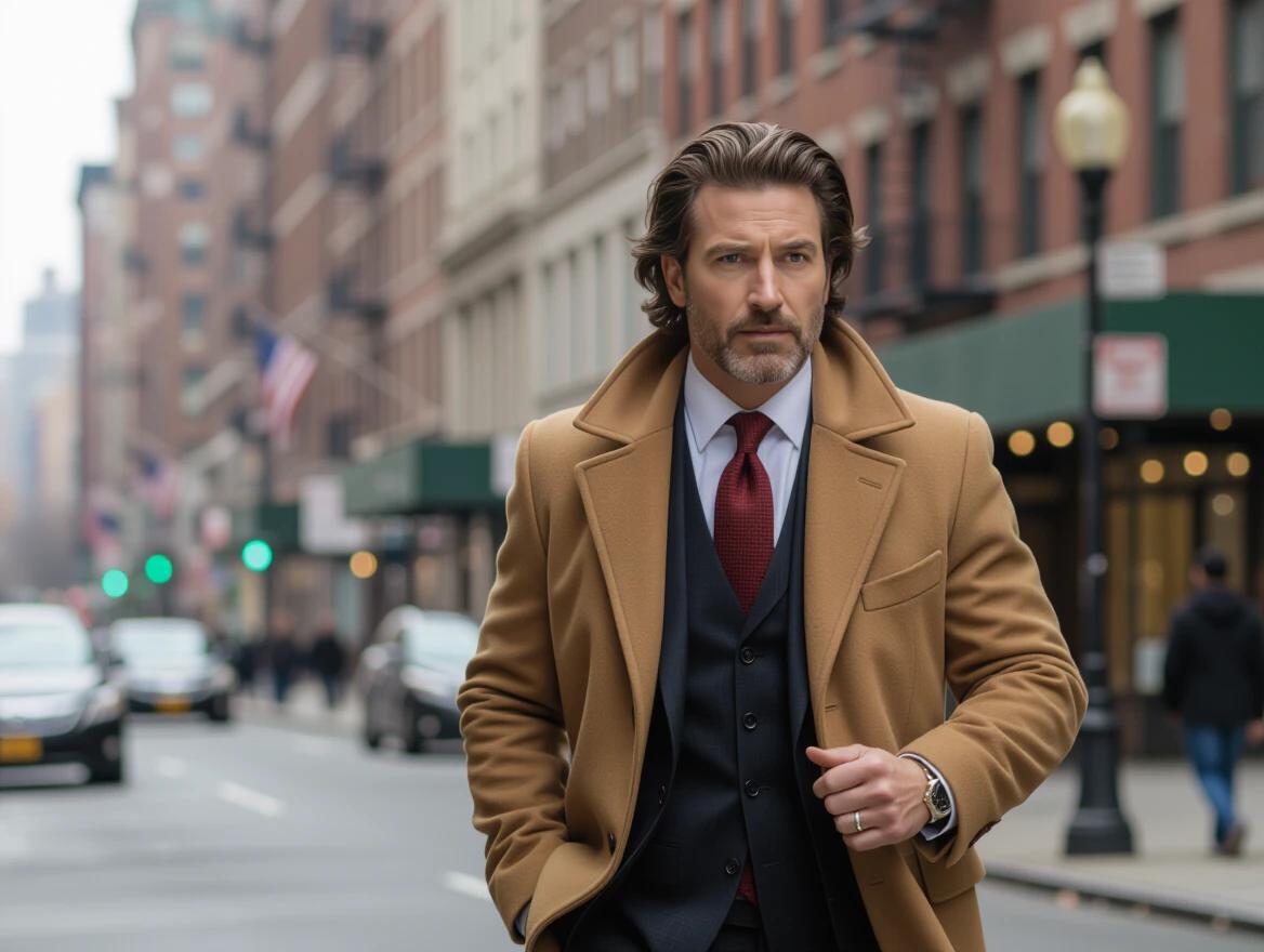 Male detective in a tan overcoat with a sophisticated look Walking in New York City background filled with buildings and cars Possibly in a hurry or running away