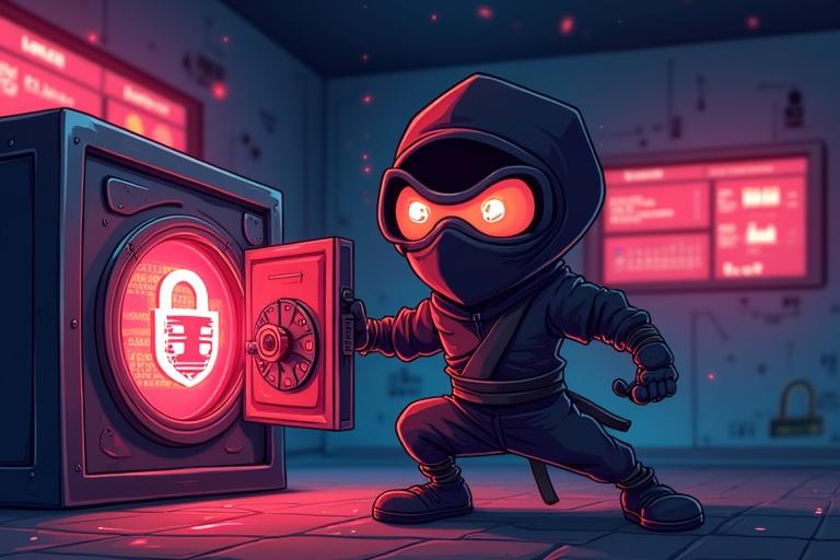 Cartoon-style illustration of a ninja character trying to unlock a glowing digital vault with cybersecurity themes. The ninja wears hacker-style goggles and is surrounded by cybersecurity icons like shields and locks in a dark command center with neon alerts.