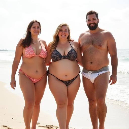 full body view of three women with diverse body types and a man on a sunny beach. humorous scene with characters in colorful bikinis. presenting dynamic actions and emotional expressions.