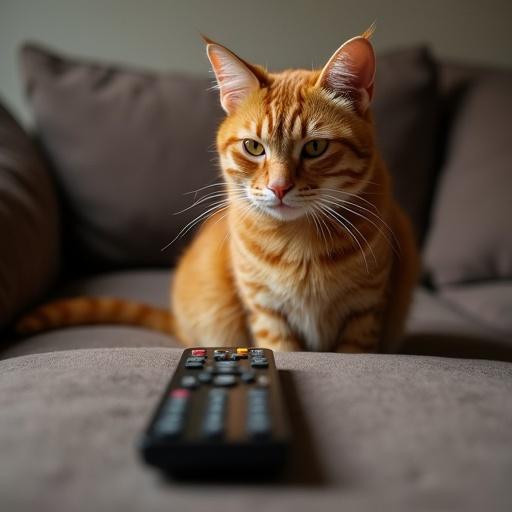A ginger cat sits on the couch looking intently at the remote control in front of him.
