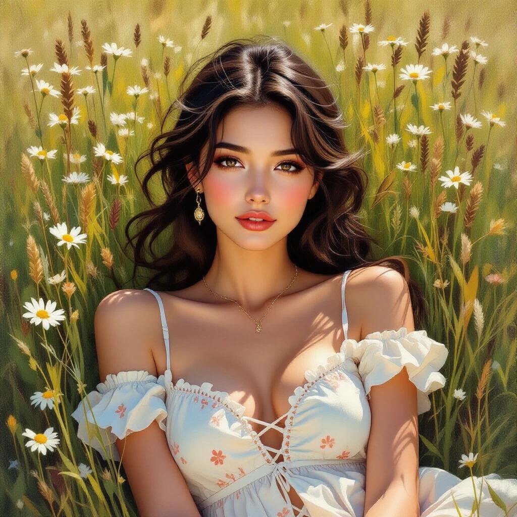 Art piece showing a 30-year-old woman with delicate features. Hair is pulled back. Dressed in a low-cut country mini dress. Portrayed lying in a meadow. Invoking natural beauty and a carefree vibe. 1970s aesthetic style evokes peace and love.
