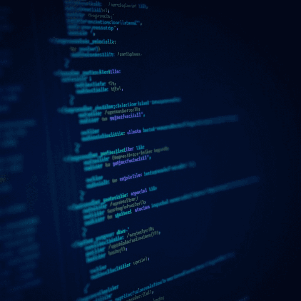 A close-up view of computer code on a dark screen, representing software development.