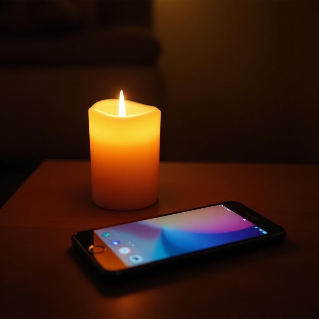 Cozy scene with a glowing candle and smartphone on a wooden surface during evening. Candle illuminates phone with warm orange light. Creates a tranquil atmosphere perfect for relaxation.