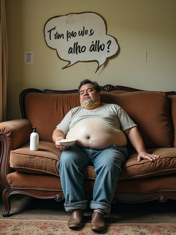 Pot-bellied man in poorly fitted clothes sitting on old sofa. Dirty plate in hand. Rice on chin. Open shampoo bottle beside him. Speech bubble asking about garlic bread.