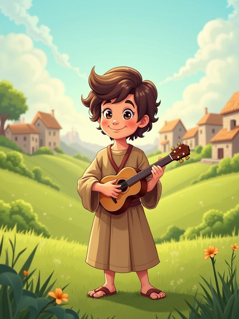 A cheerful boy resembling David from the Bible standing in green pastures. The boy is dressed like a shepherd. He holds a small musical instrument in his hands. A village can be seen in the background. The atmosphere is peaceful and fun.