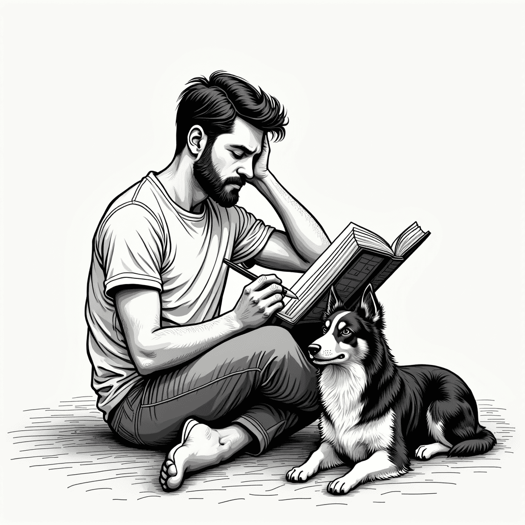 A man sits reading a book with a thoughtful expression, accompanied by a loyal dog at his side.