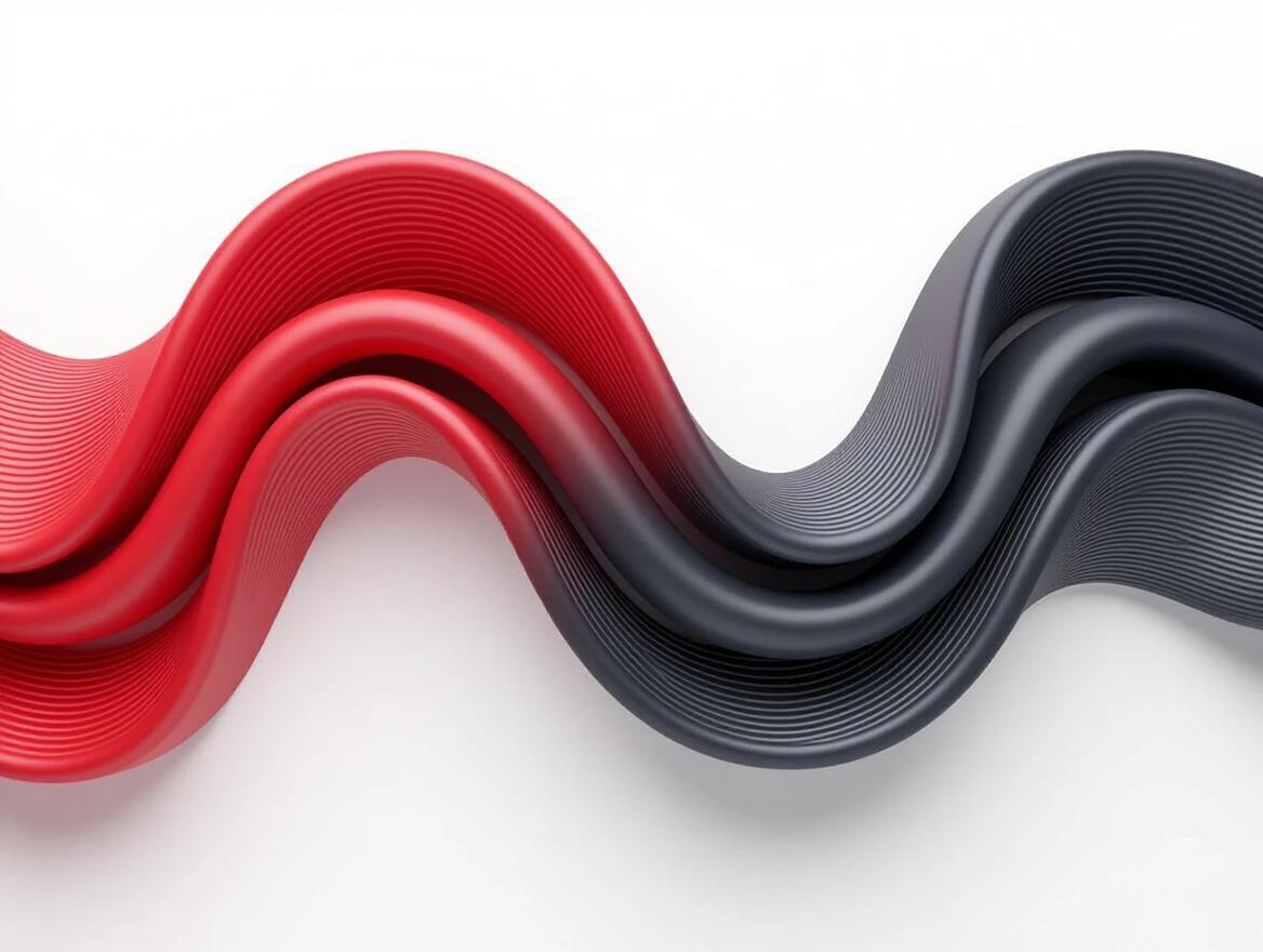 3D abstract image of flowing ribbon-like structure. Smooth glossy appearance. Gradient transitions from deep red to black to light grey. Set against plain white background. Subtle shading and shadows. Accentuates curved wavy form.