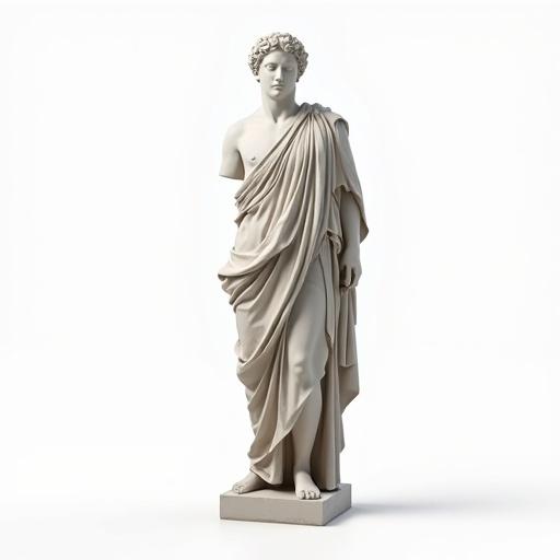 Full-height ancient Greek statue draped in a garment. Statue stands straight on a white background.