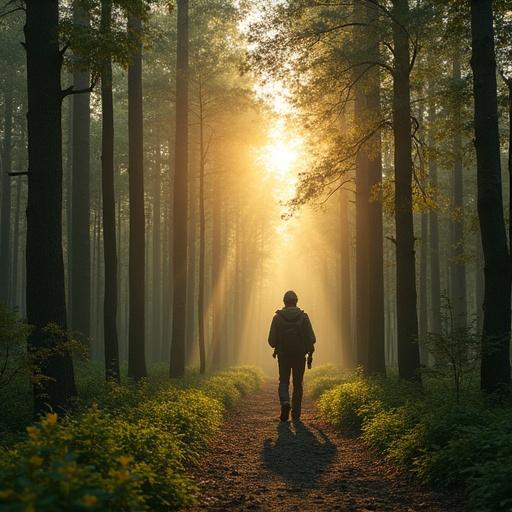 A solitary traveler walks down a forest path in the early morning. Sunlight streams through the trees creating a magical light. Dewdrops sparkle on green leaves. The atmosphere is peaceful and serene. The traveler is mindful and connected to nature. Fresh scents fill the air. The scenery evokes a sense of harmony and magic.