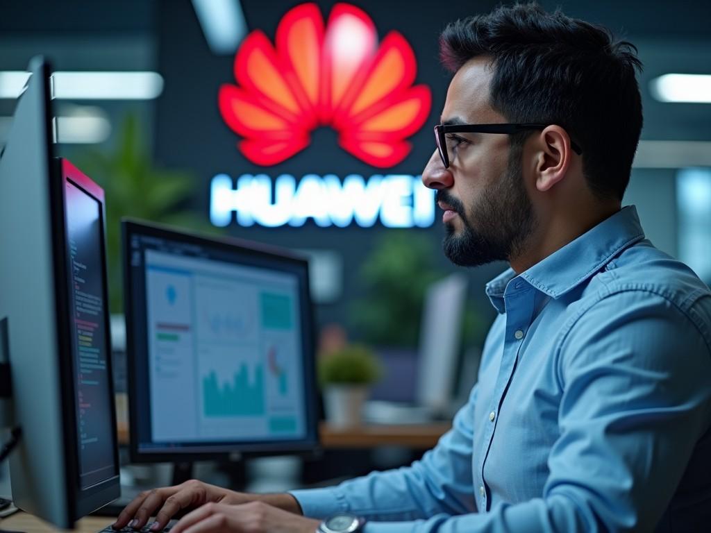 A professional male computer programmer is deeply engaged in his work at a Huawei office, using two computer screens displaying code and analytical graphs. The background features the illuminated Huawei logo, creating a modern and technologically advanced ambiance.