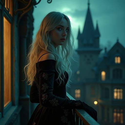 A breathtakingly beautiful mysterious woman stands on a balcony at night. Long silver hair shimmers under the moonlight. Emerald eyes glow faintly as she gazes into the distance. Wearing an elegant dark velvet gown with intricate embroidery. A gothic Victorian building is softly illuminated behind her. The scene is bathed in cinematic lighting and magical realism with soft shadows and high detail.