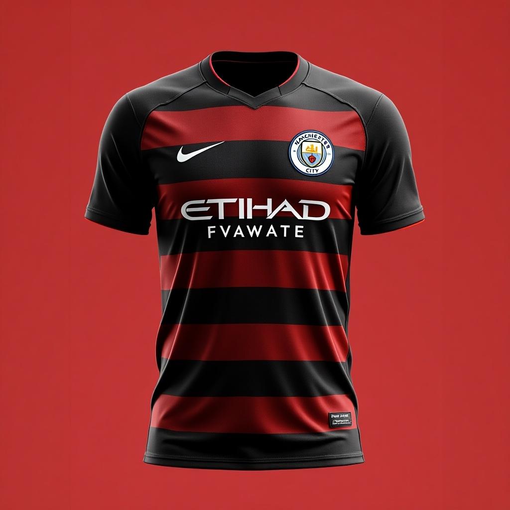 Football kit design with black and red stripes. Incorporate Manchester City's iconic moments.