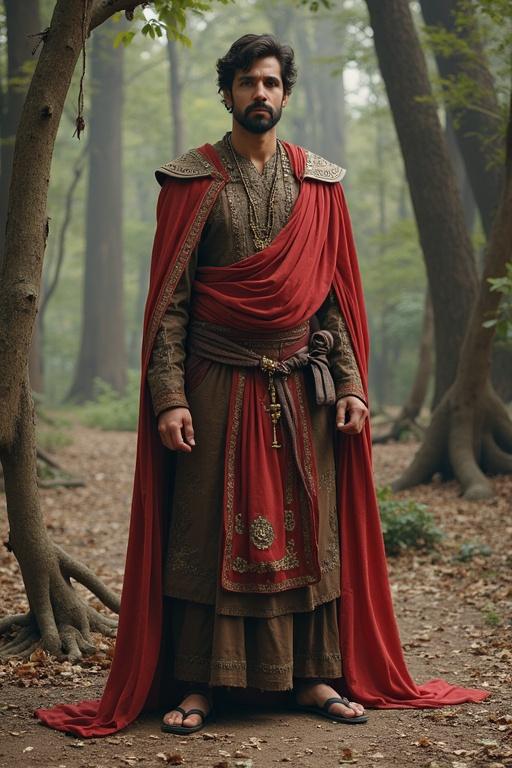 A figure stands in a misty forest. The individual wears ornate robes with a rich red cape. They exhibit a strong presence with a standing posture. Lush greenery surrounds the figure. The ground is covered in dried leaves.